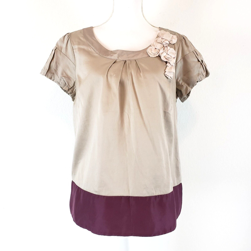 Floreat Anthropologie Top SIZE 12 Gray Purple Color Block Floral Blouse Womens